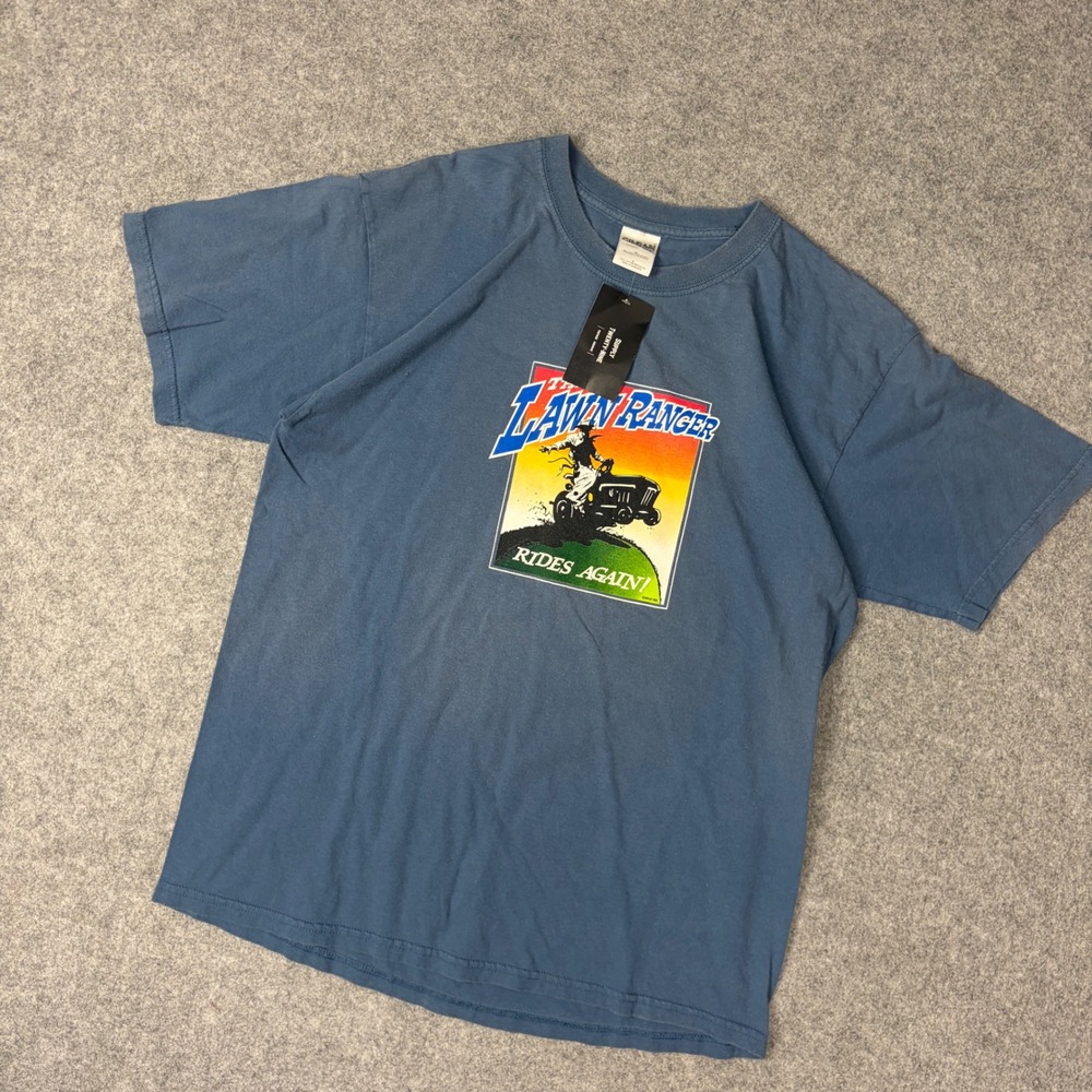 Gildan The Lawn Ranger Rides Again T-Shirt Mens Large Blue Graphic Tee Cotton